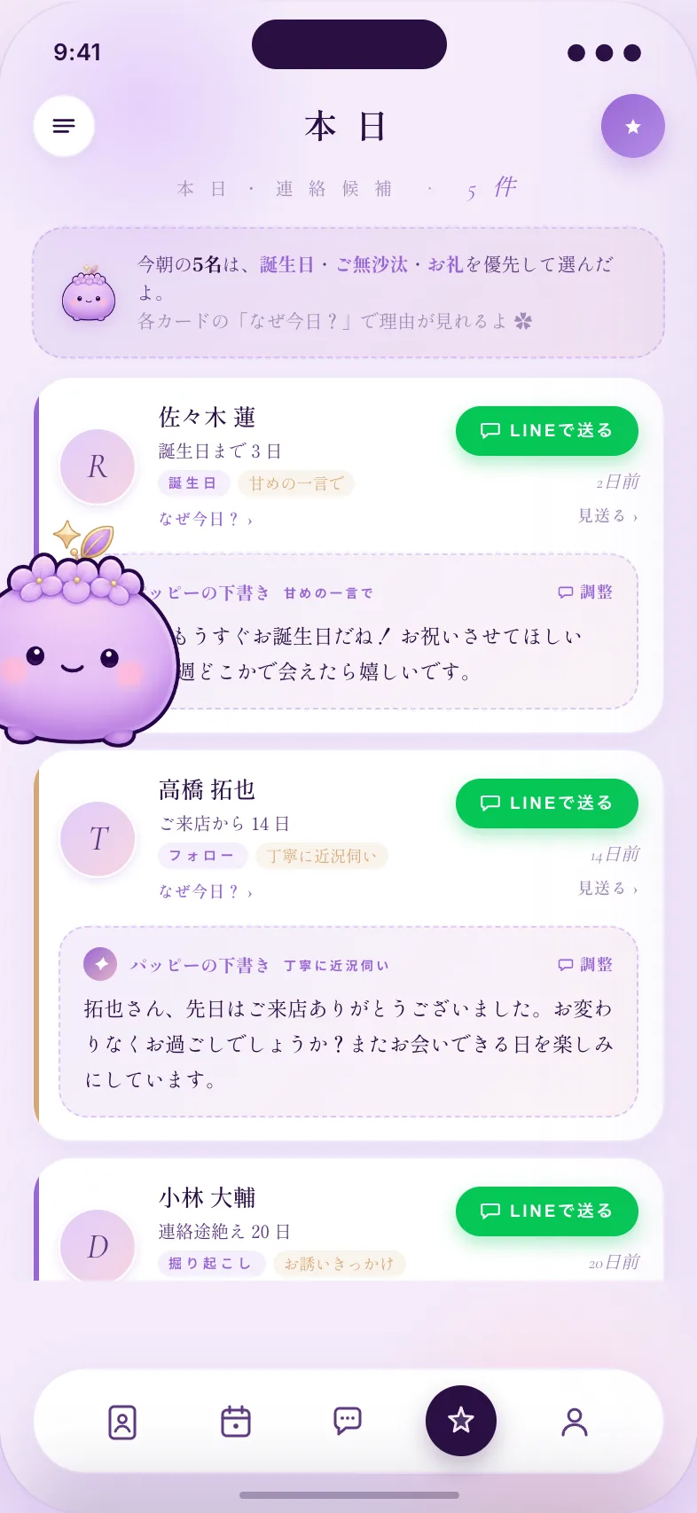 パピマネ 今日連絡すべきお客様の画面